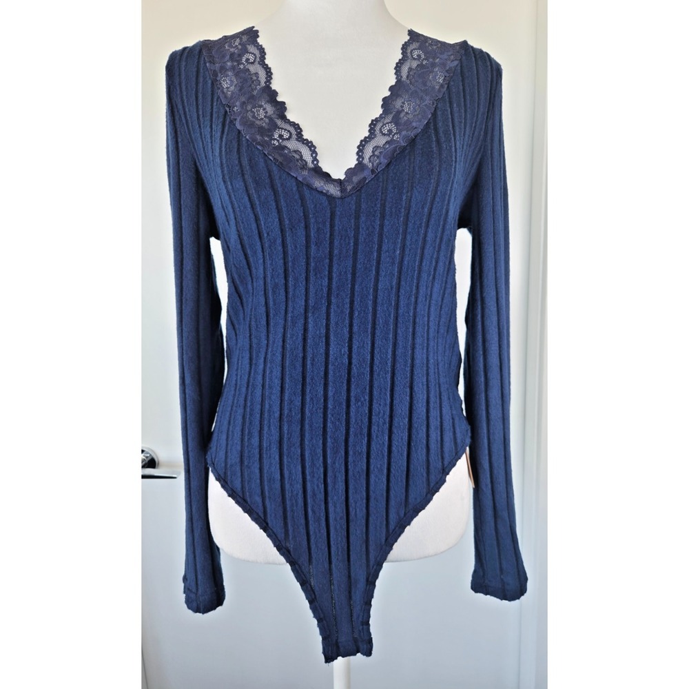 Frenchy Navy Blue Velour Striped Mesh V Neck Lace Long Sleeves bodysuit
